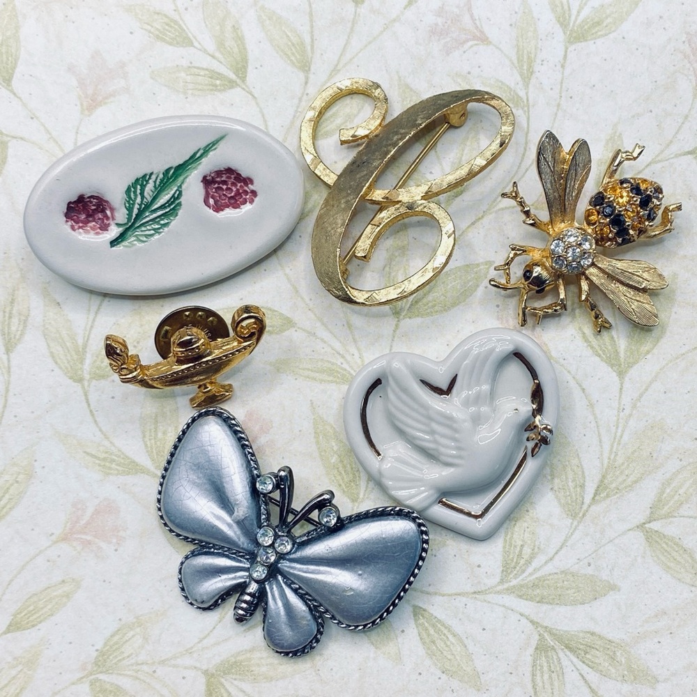 Brooch Lot Of 6 Gold Silver Porcelain Grannycore
